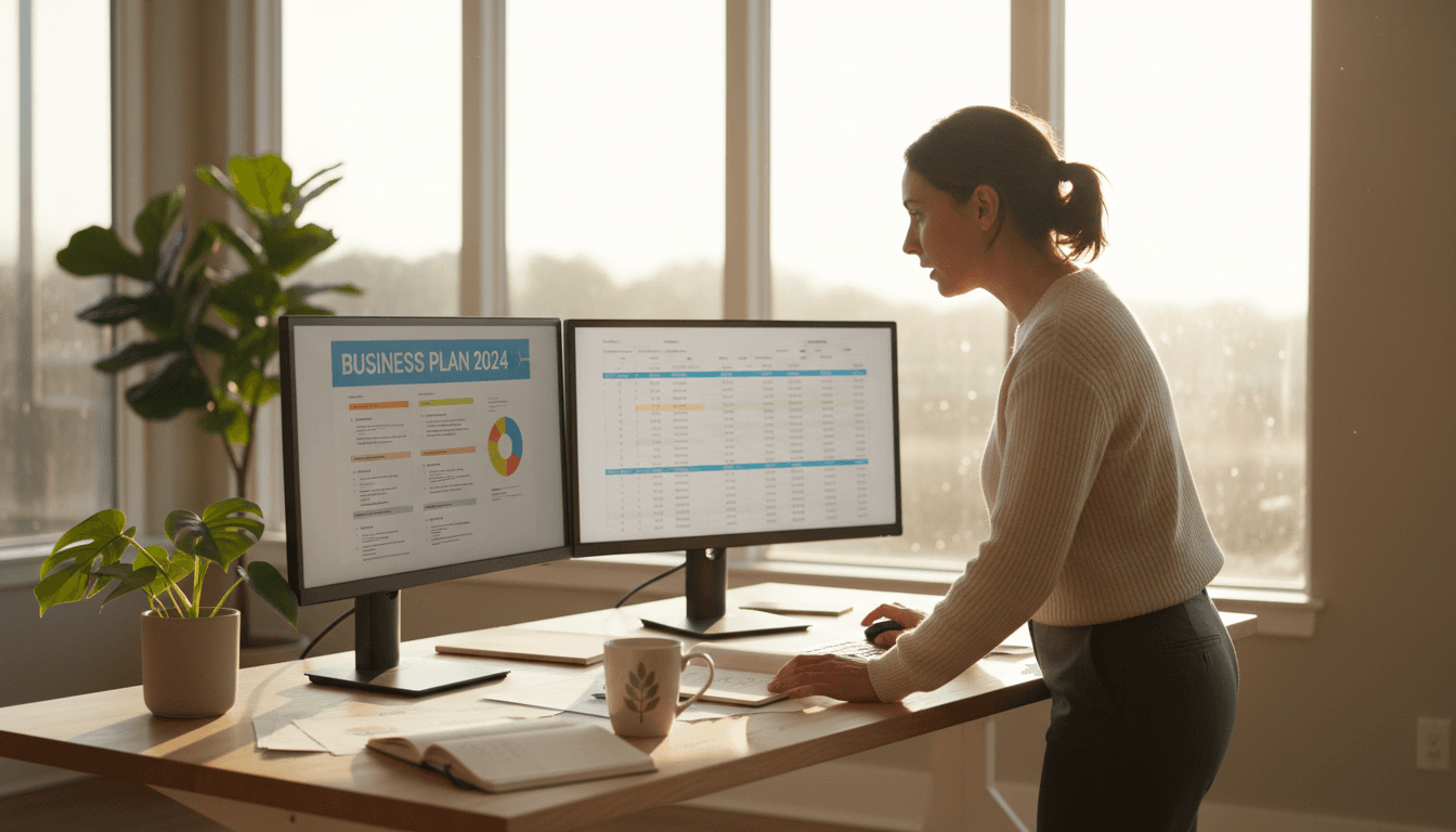 Entrepreneur reviewing business plans at desk
