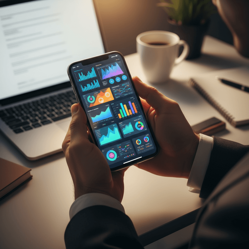 Entrepreneur tracking business metrics on mobile device