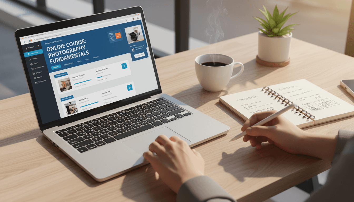 Person reviewing digital course materials on laptop at a modern desk with natural lighting