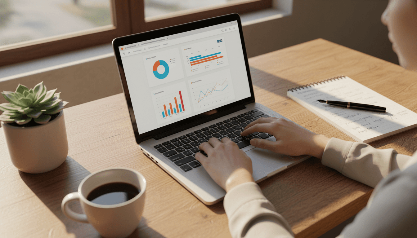 Person working at desk with laptop and notebook, engaged in digital learning