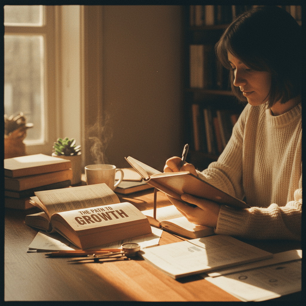 Person journaling while referencing a personal development guide