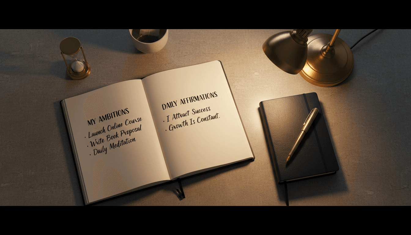 Workbook with written goals and affirmations