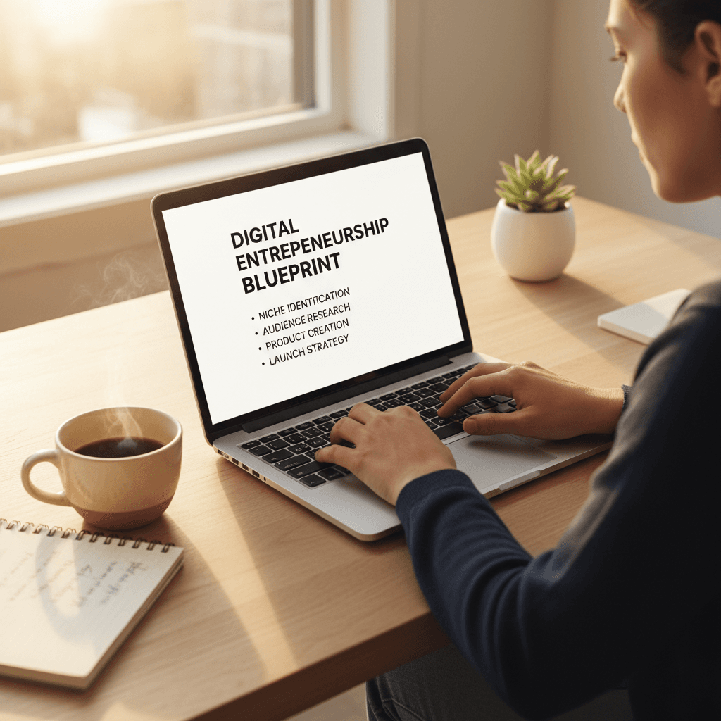 Person reviewing an entrepreneurship digital guide on laptop