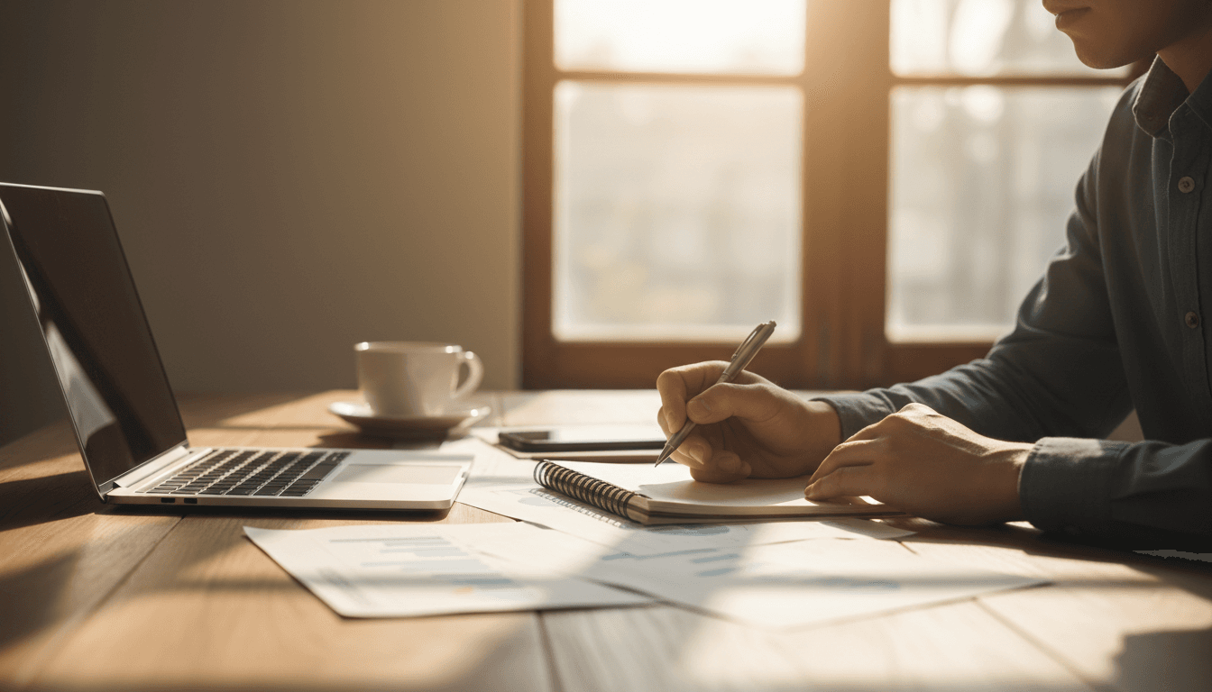 Person taking notes while reviewing financial planning materials at a wooden desk