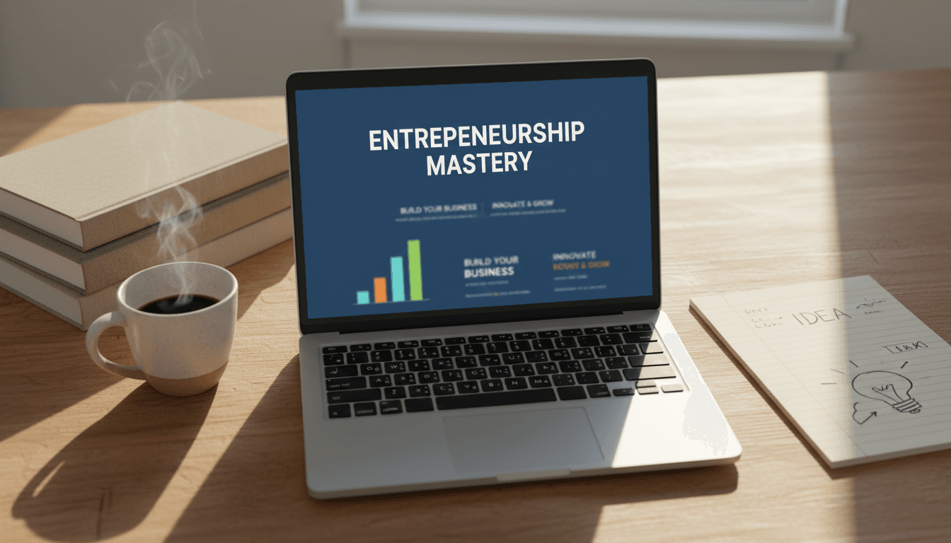 Laptop showing educational entrepreneurship content with learning materials