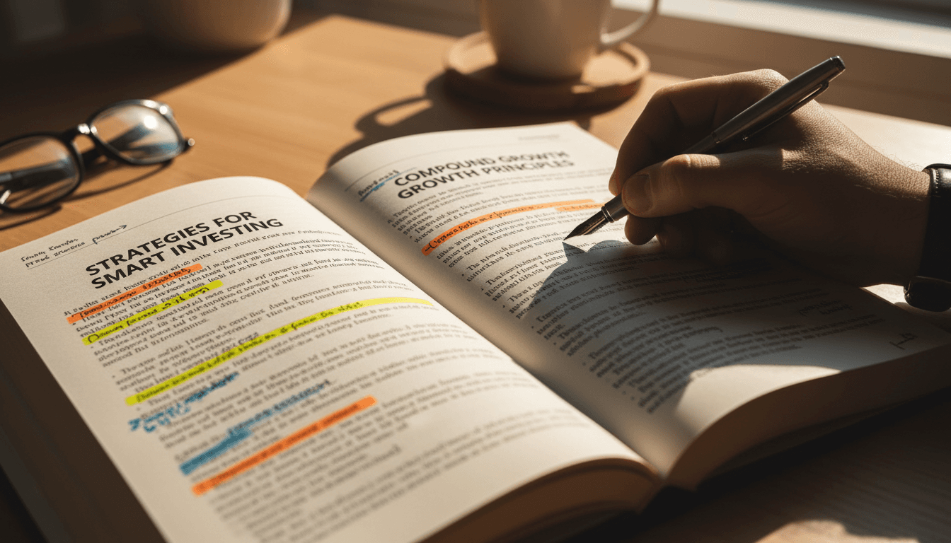 Close-up of annotated financial education materials