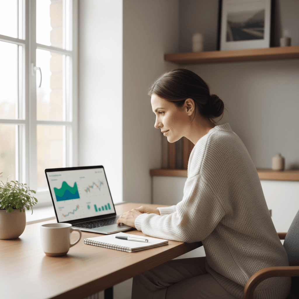Woman analyzing financial data on laptop